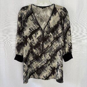 LAFAYETTE 148 Abstract Print V Neck Zip Pullover Blouse Top